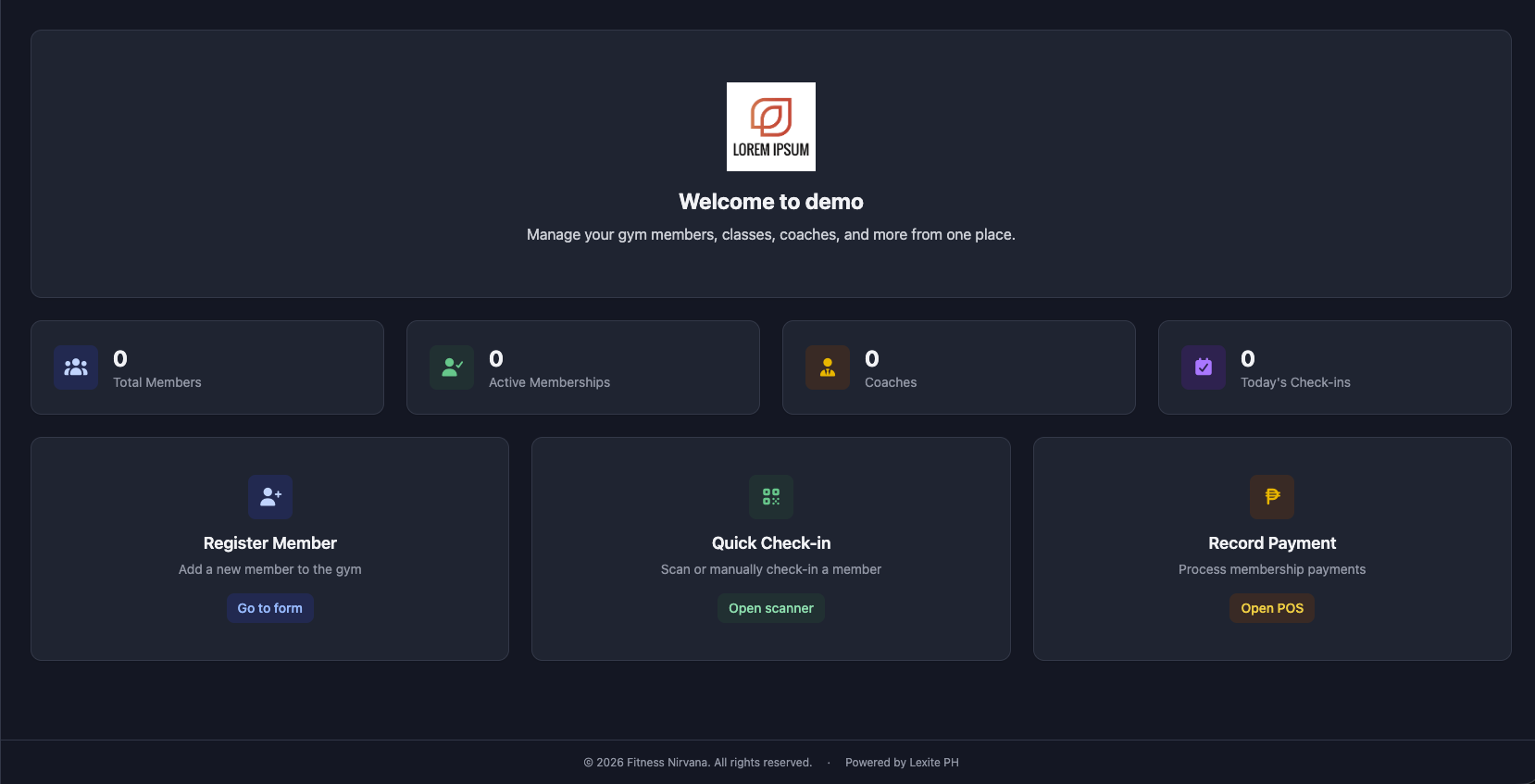 Fitness Nirvana management dashboard